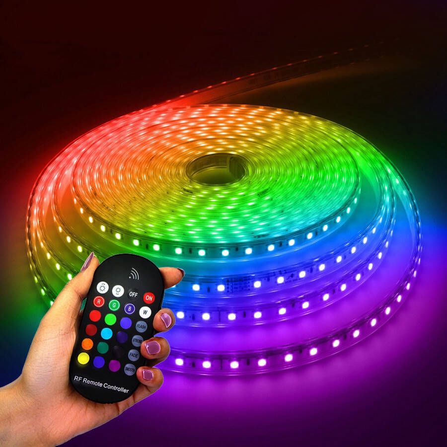 HOFTRONIC Flex60 RGB LED Strip lichtslang 10m 60 LEDs per meter 5050 SMD 308 lumen per meter IP65 voor binnen en buiten Dimbaar via afstandsbediening Waterdicht en UV bestendig Per meter inkortbaar Incl. Voedingskabel
