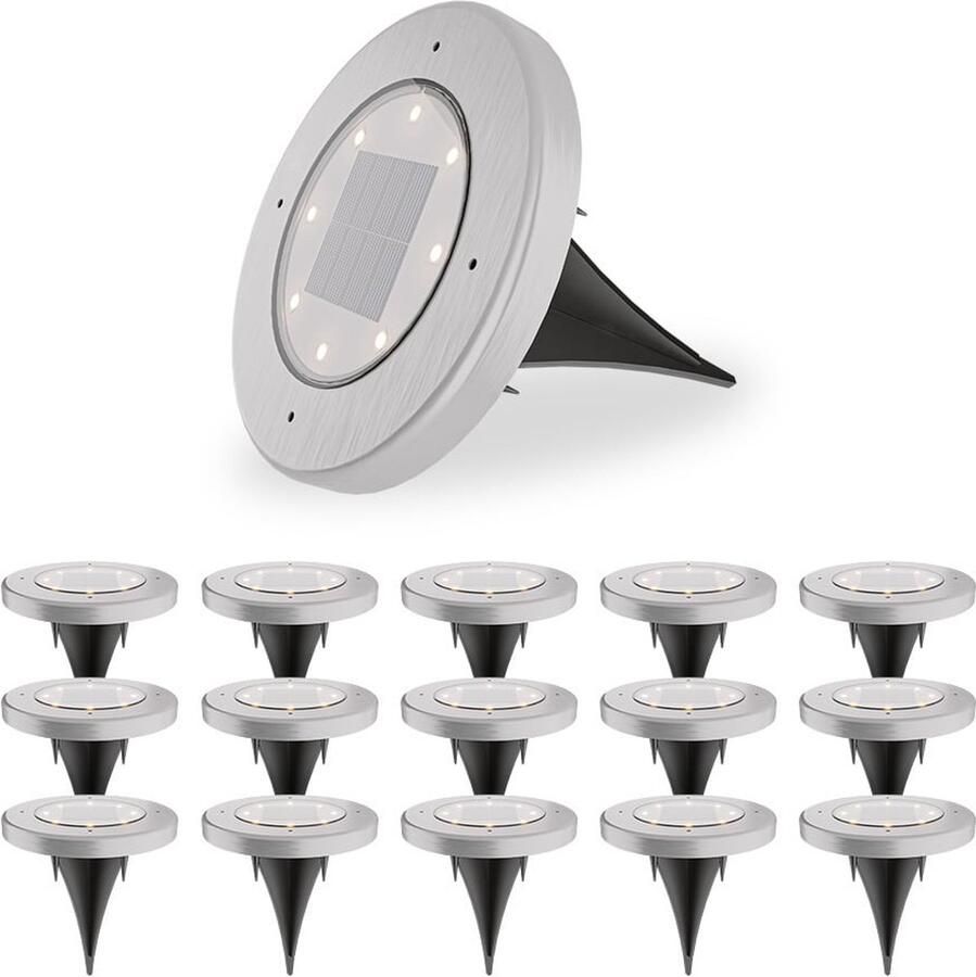 HOFTRONIC 16x Ellis Solar Grondspots Buiten RVS 8 LEDs IP65 waterdicht Solar tuinverlichting Incl. Schemerschakelaar tuinspot zonneenergie