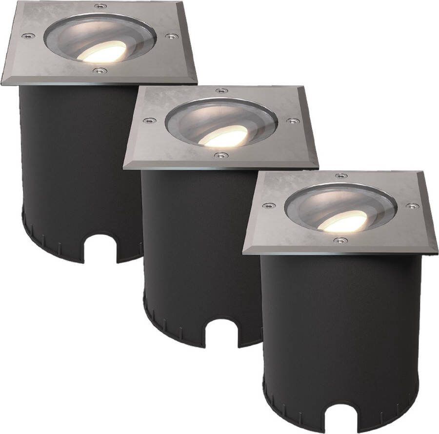 HOFTRONIC Set van 3 Cody LED Grondspots XL RVS Vierkant Dimbaar en kantelbaar IP67 Waterdicht RVS GU10 4.5W 345 Lumen 4000K Neutraal wit licht Geschikt voor tuin oprit en pad