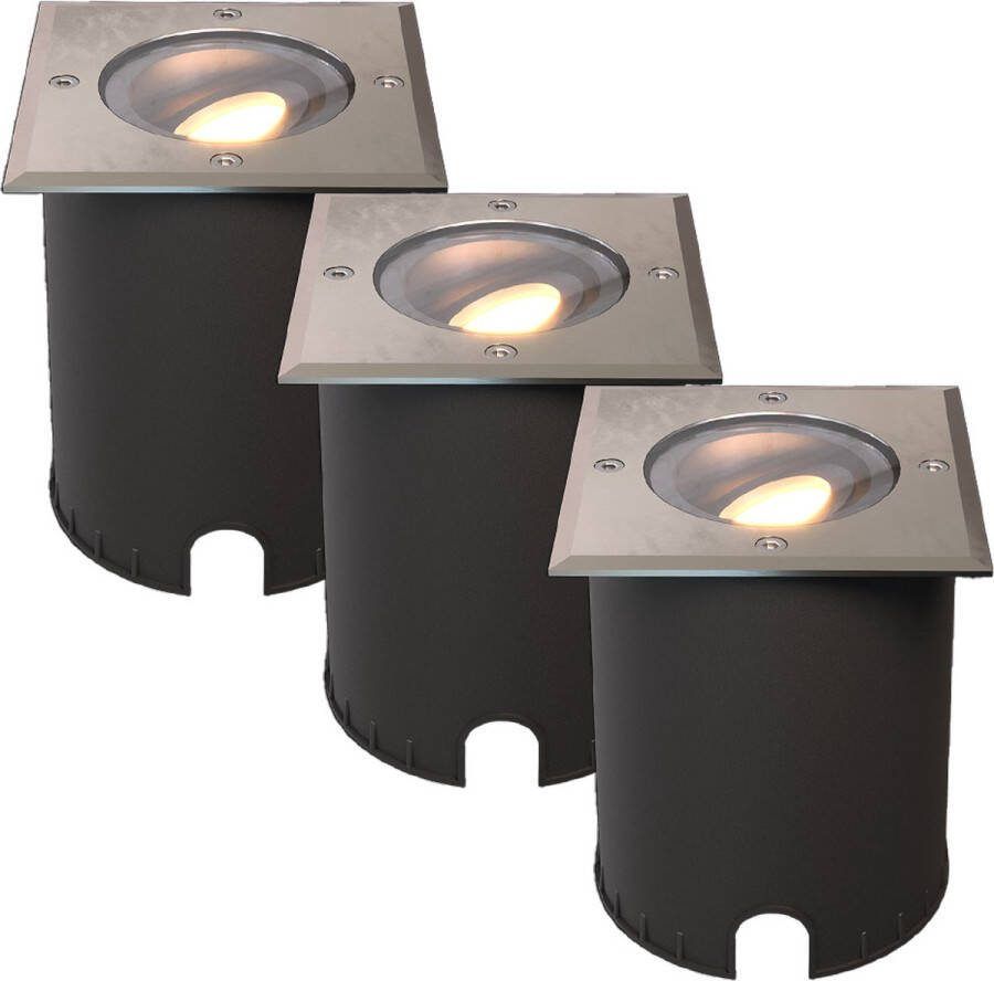 HOFTRONIC Set van 3 Cody LED Grondspots XL RVS Vierkant Dimbaar en kantelbaar IP67 Waterdicht RVS GU10 4.5W 345 Lumen 2700K Warm wit licht Geschikt voor tuin oprit en pad