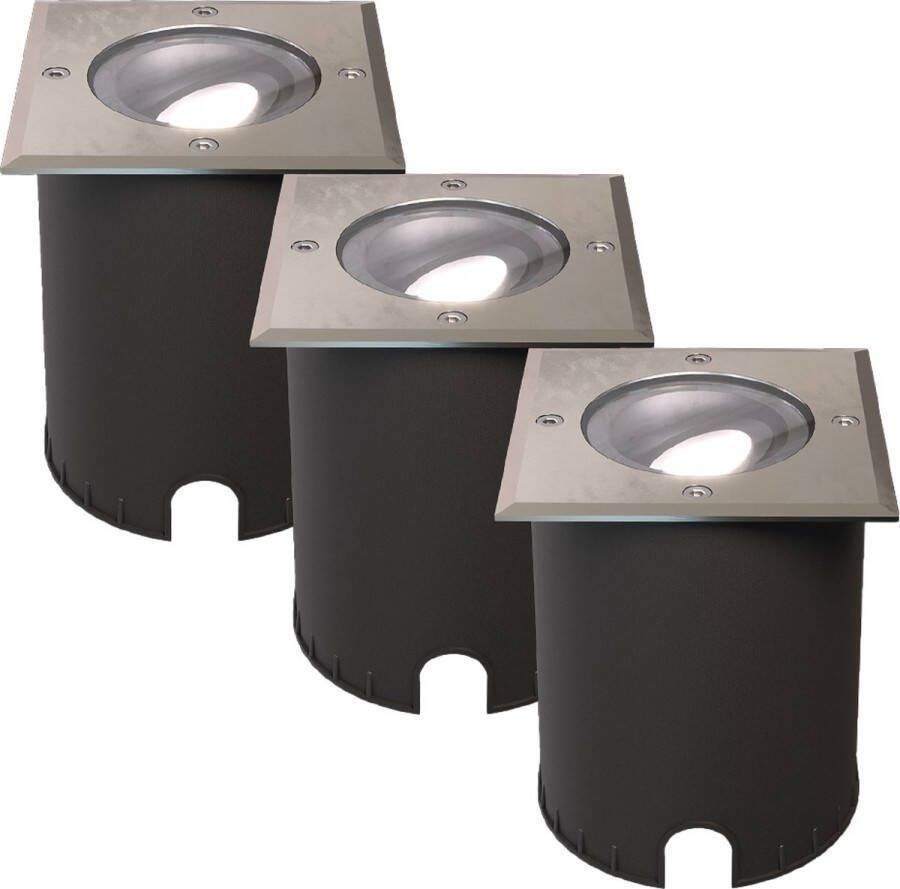 HOFTRONIC Set van 3 Cody LED Grondspots XL RVS Vierkant Dimbaar en kantelbaar IP67 Waterdicht RVS GU10 4.5W 345 Lumen 6500K Daglicht wit licht Geschikt voor tuin oprit en pad