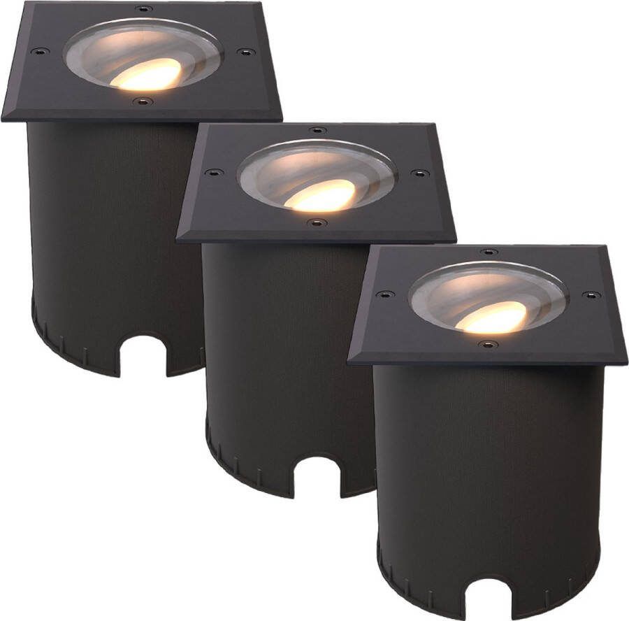HOFTRONIC Set van 3 Cody LED Grondspots XL Zwart Vierkant Dimbaar en kantelbaar IP67 Waterdicht RVS GU10 4.5W 345 Lumen 2700K warm wit licht Geschikt voor tuin oprit en pad