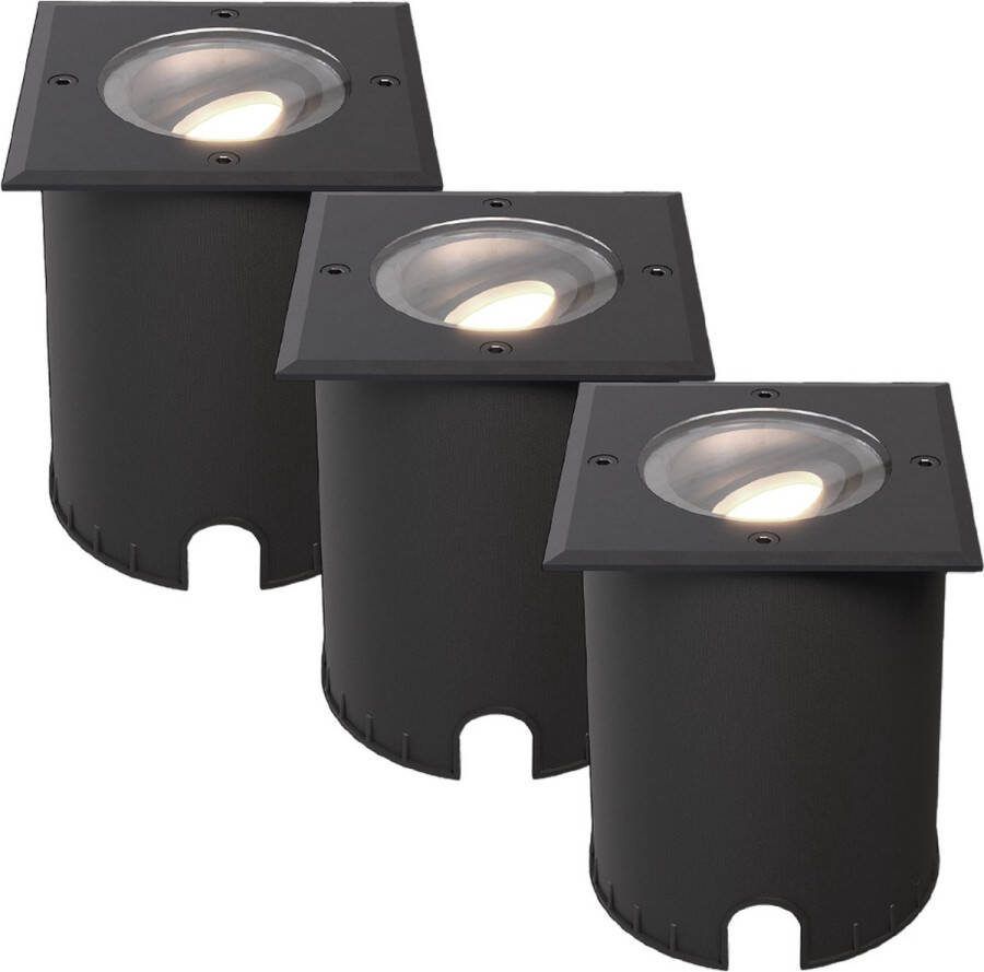 HOFTRONIC Set van 3 Cody LED Grondspots XL Zwart Vierkant Dimbaar en kantelbaar IP67 Waterdicht RVS GU10 4.5W 345 Lumen 4000K Neutraal wit licht Geschikt voor tuin oprit en pad