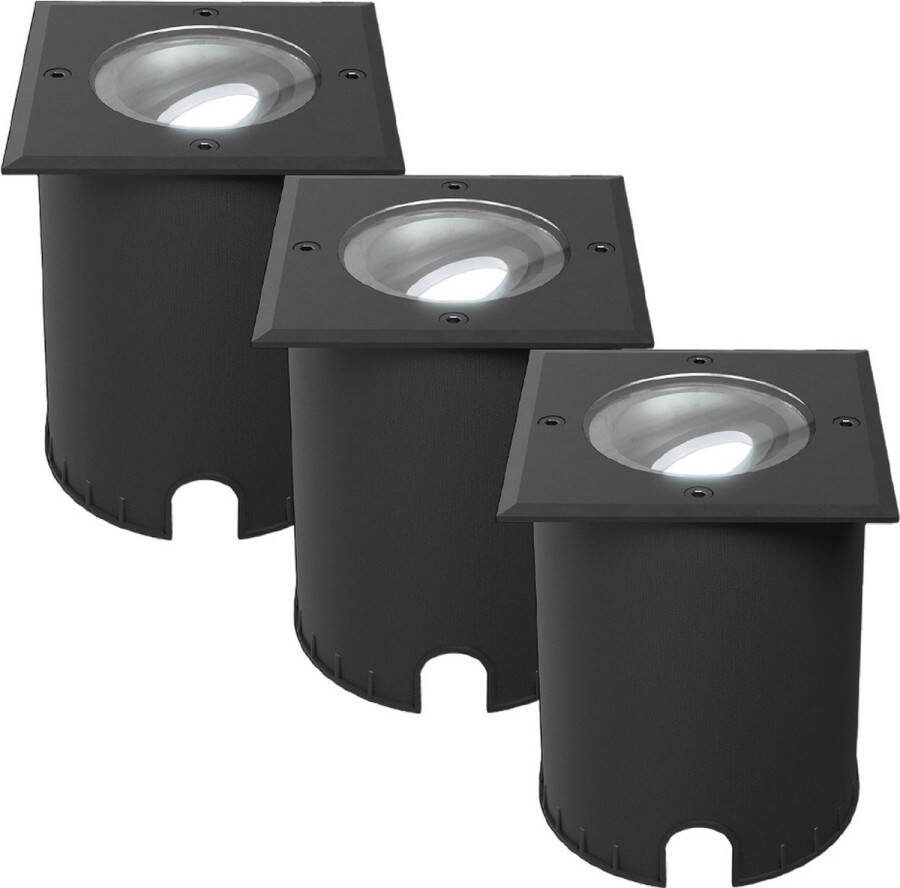 HOFTRONIC Set van 3 Cody LED Grondspots XL Zwart Vierkant Dimbaar en kantelbaar IP67 Waterdicht RVS GU10 4.5W 345 Lumen 6500K Daglicht wit licht Geschikt voor tuin oprit en pad