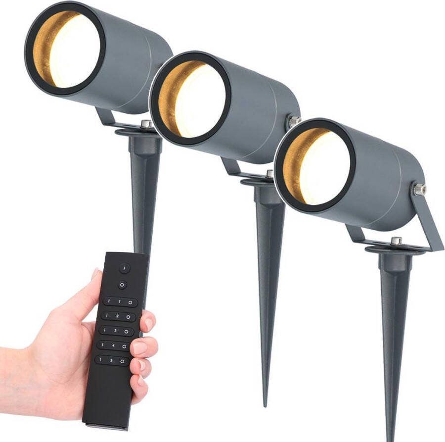 HOFTRONIC Set van 3 LED Prikspots Spikey 5 Watt 400lm 2700K antraciet IP65 waterdicht Incl. dimmer met afstandsbediening
