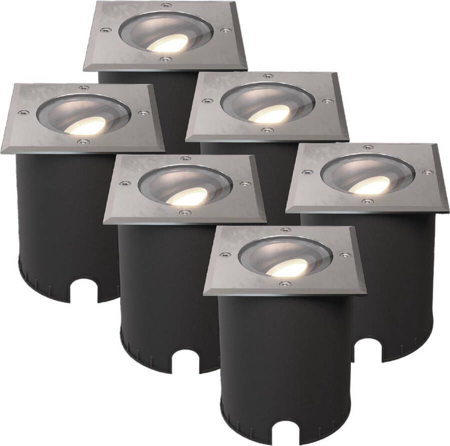 HOFTRONIC Set van 6 Cody LED Grondspots XL RVS Vierkant Dimbaar en kantelbaar IP67 Waterdicht RVS GU10 4.5W 345 Lumen 4000K neutraal wit licht Geschikt voor tuin oprit en pad