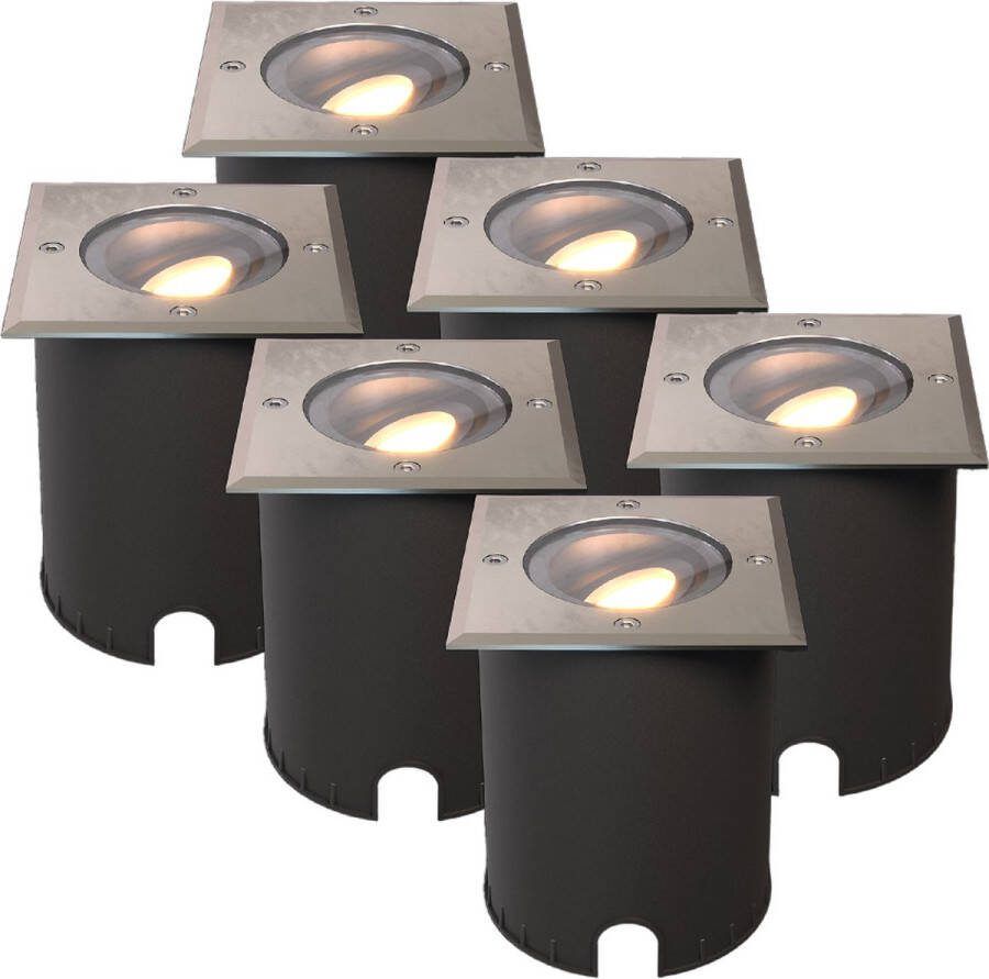 HOFTRONIC Set van 6 Cody LED Grondspots XL RVS Vierkant Dimbaar en kantelbaar IP67 Waterdicht RVS GU10 4.5W 345 Lumen 2700K warm wit licht Geschikt voor tuin oprit en pad