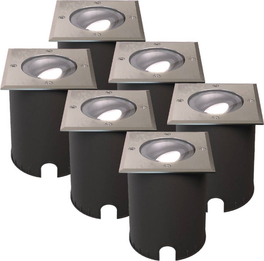 HOFTRONIC Set van 6 Cody LED Grondspots XL RVS Vierkant Dimbaar en kantelbaar IP67 Waterdicht RVS GU10 4.5W 345 Lumen 6500K Daglicht wit licht Geschikt voor tuin oprit en pad