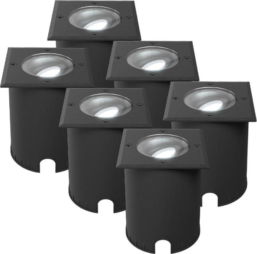 HOFTRONIC Set van 6 Cody LED Grondspots XL Zwart Vierkant Dimbaar en kantelbaar IP67 Waterdicht RVS GU10 4.5W 345 Lumen 6500K Daglicht wit licht Geschikt voor tuin oprit en pad