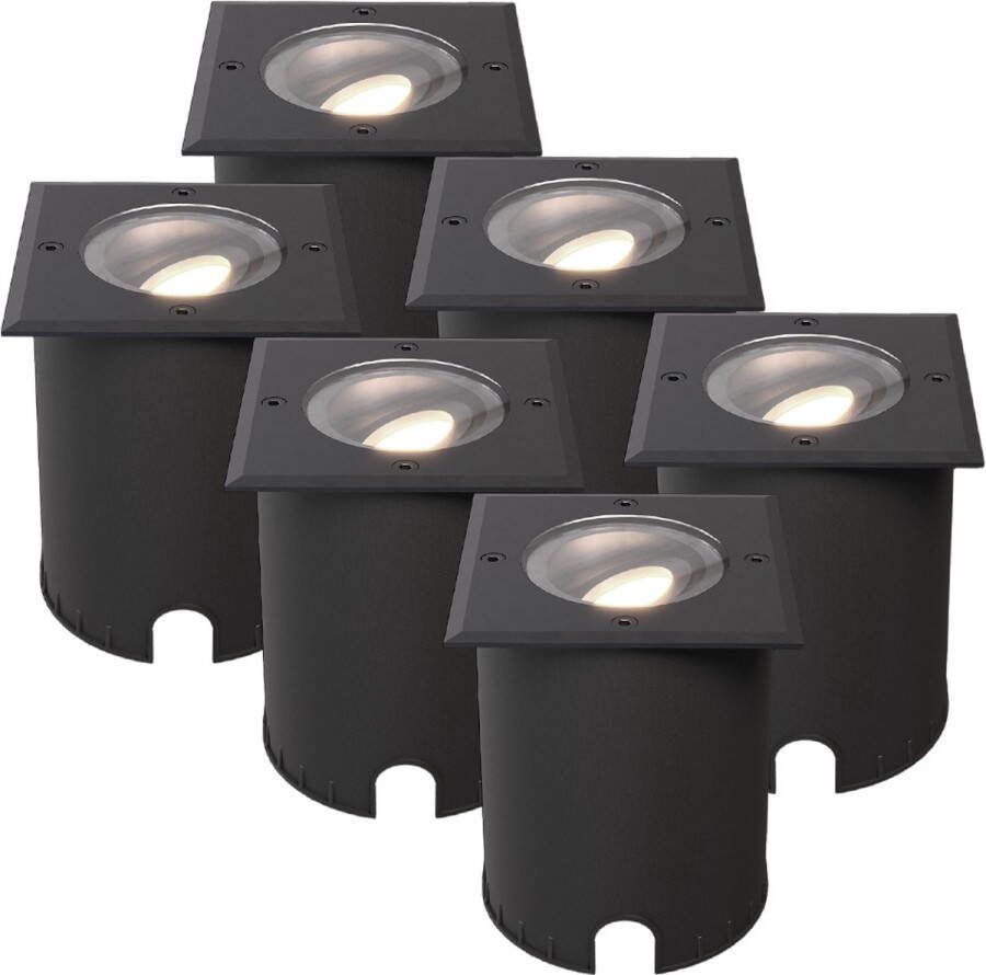 HOFTRONIC Set van 6 Cody LED Grondspots XL Zwart Vierkant Dimbaar en kantelbaar IP67 Waterdicht RVS GU10 4.5W 345 Lumen 4000K Neutraal wit licht Geschikt voor tuin oprit en pad