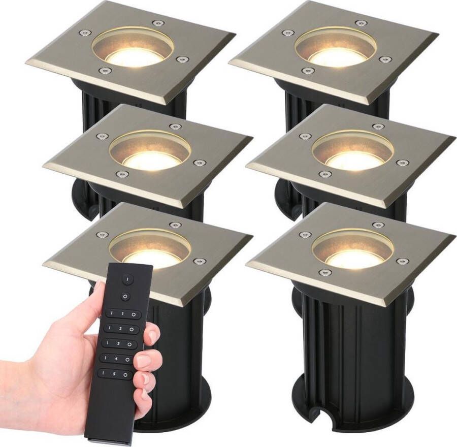 HOFTRONIC Set van 6 dimbare LED grondspot Ramsay vierkant RVS 5W 2700K IP67 Incl. dimmer met afstandsbediening