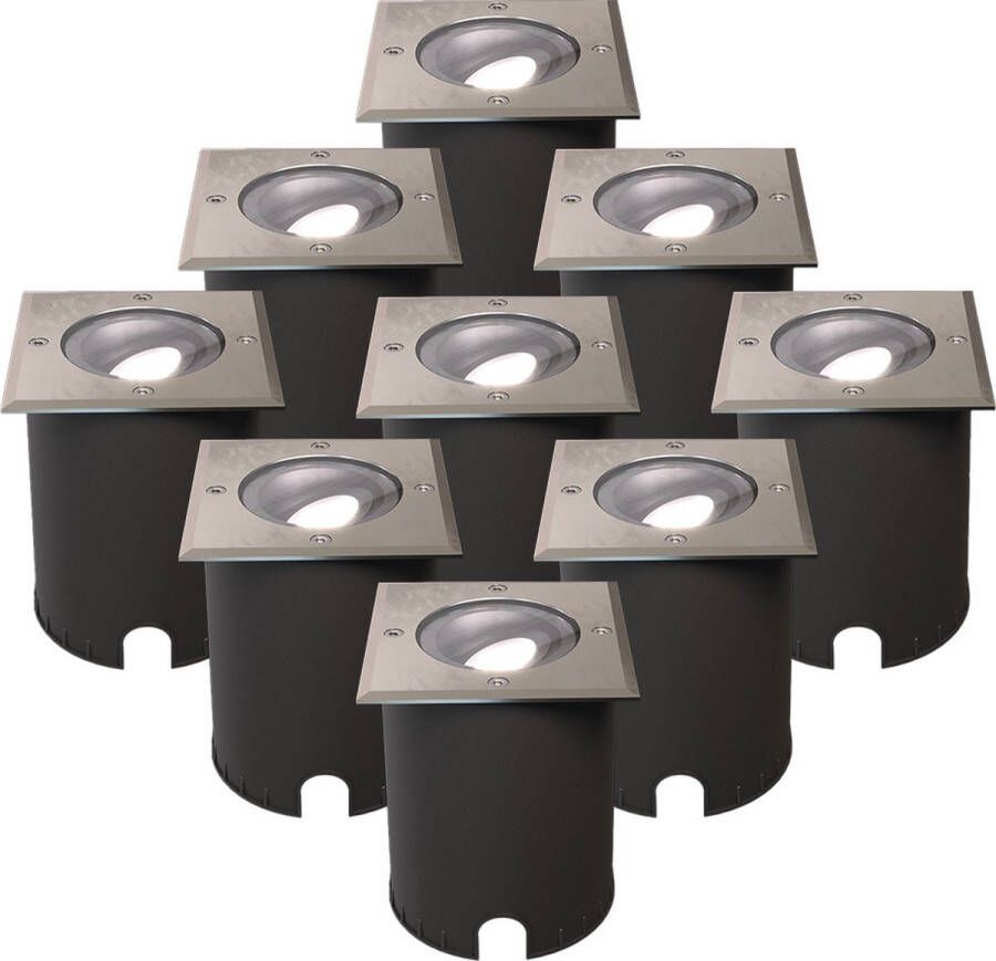 HOFTRONIC Set van 9 Cody LED Grondspots XL RVS Vierkant Dimbaar en kantelbaar IP67 Waterdicht RVS GU10 4.5W 345 Lumen 6500K Daglicht wit licht Geschikt voor tuin oprit en pad