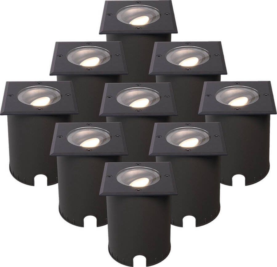 HOFTRONIC Set van 9 Cody LED Grondspots Zwart – GU10 4 5 Watt 345 lumen dimbaar 4000K neutraal wit Kantelbaar Overrijdbaar Vierkant – IP67 waterdicht