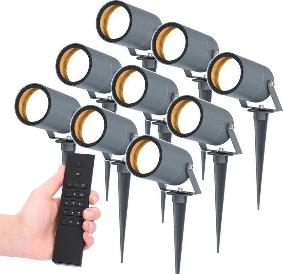 HOFTRONIC Set van 9 LED Prikspots Spikey 5 Watt 400lm 2700K antraciet IP65 waterdicht Incl. dimmer met afstandsbediening