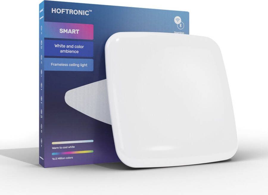 HOFTRONIC Slimme Plafondlamp Vierkant 29.5cm Frameless Slimme Plafonniere 24W 2400lm RGBWW 16 5 miljoen kleuren WiFi + Bluetooth Dimbaar Woonkamer Gang en Slaapkamer Google Home & Amazon Alexa IOS & Android