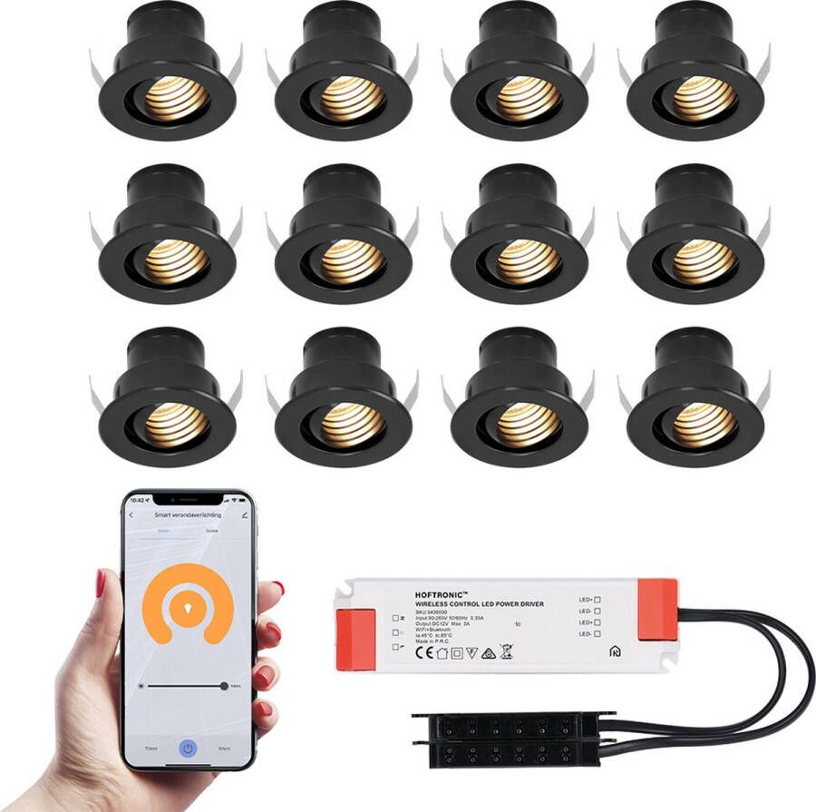 HOFTRONIC SMART 12x Medina zwarte Smart LED Inbouwspots complete set Wifi & Bluetooth 12V 3 Watt 2700K warm wit