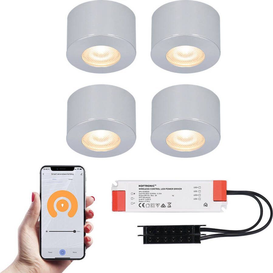 HOFTRONIC SMART 4x Navarra RVS Smart LED Opbouwspots complete set Wifi & Bluetooth 12V 3 Watt 2700K warm wit Veranda verlichting Voor binnen en buiten