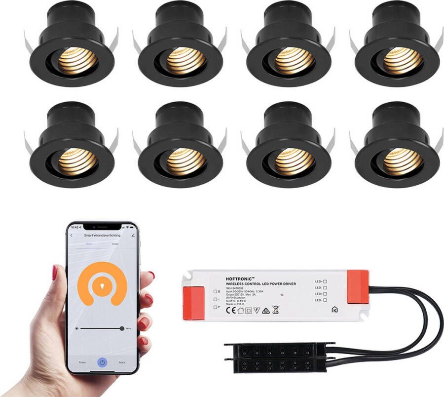 HOFTRONIC SMART 8x Medina zwarte Smart LED Inbouwspots complete set Wifi & Bluetooth 12V 3 Watt 2700K warm wit