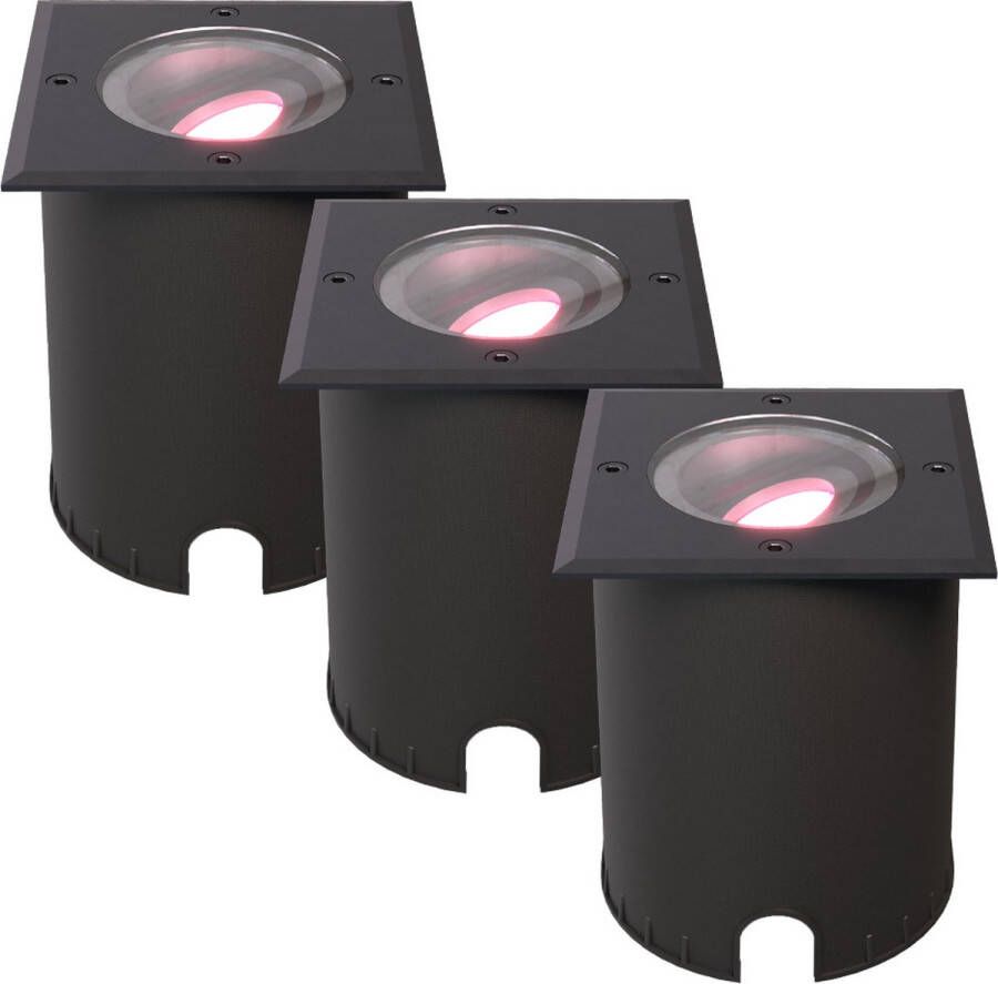 HOFTRONIC SMART HOFTRONIC Set van 3 Cody Smart Grondspots XL Zwart Vierkant Kantelbaar RGB + WW GU10 5 5W 345 Lumen Bestuurbaar via smartphone en stem IP67 Waterdicht WiFi + Bluetooth Smart Home tuinverlichting