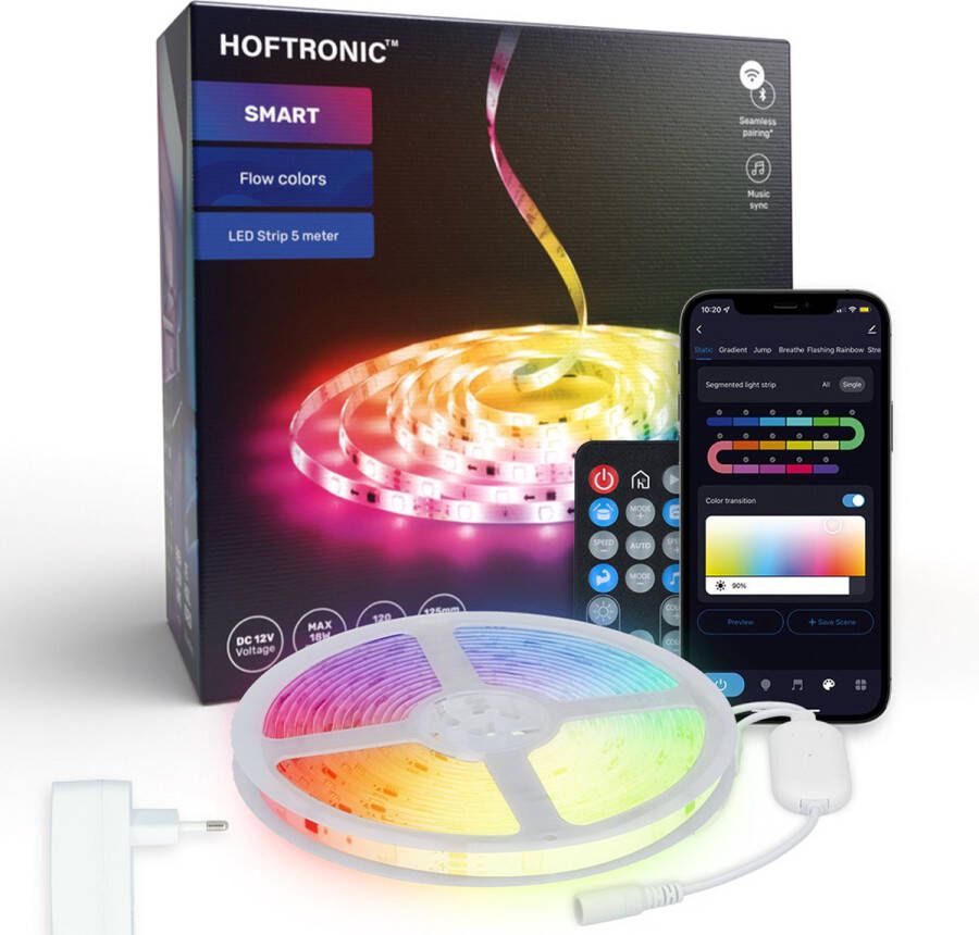 HOFTRONIC Smart LED Strip 5m RGB Flow Colors WiFi + Bluetooth 16 5 miljoen kleuren met 120 LEDs Music Sync Met afstandsbediening Zelfklevend Voor Google Home Amazon Alexa en Siri