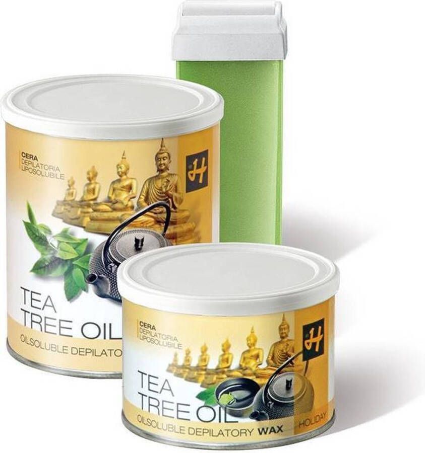 Holiday STRIPWAX SET TEA TREE OIL ONTHARINGSWAX Set: Can Stripwax Tea Tree oil 400 ML 5 Smalle + 5 brede spatels 50 harsstrips