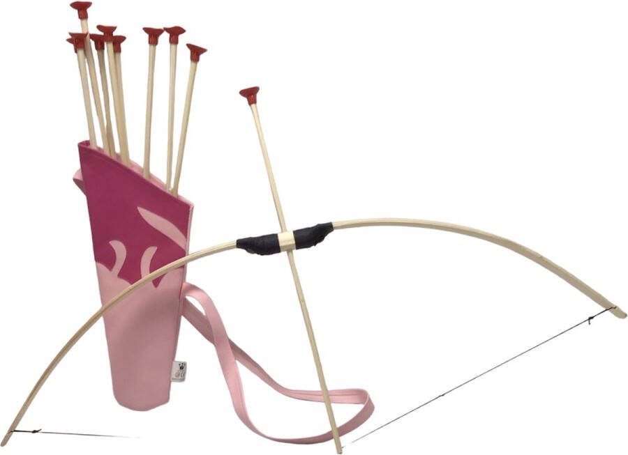 Holzkonig Houten PIJL EN BOOG Blank 100cm. Uitrusting met rug koker roze voor pijlen ( 10 pijlen )