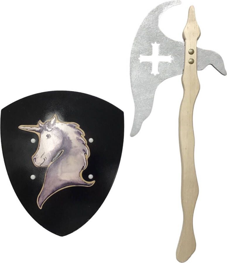 Holzkonig houten Strijdbijl met kruis ridderschild eenhoorn unicorn kinderbijl ridderbijl schild bijl