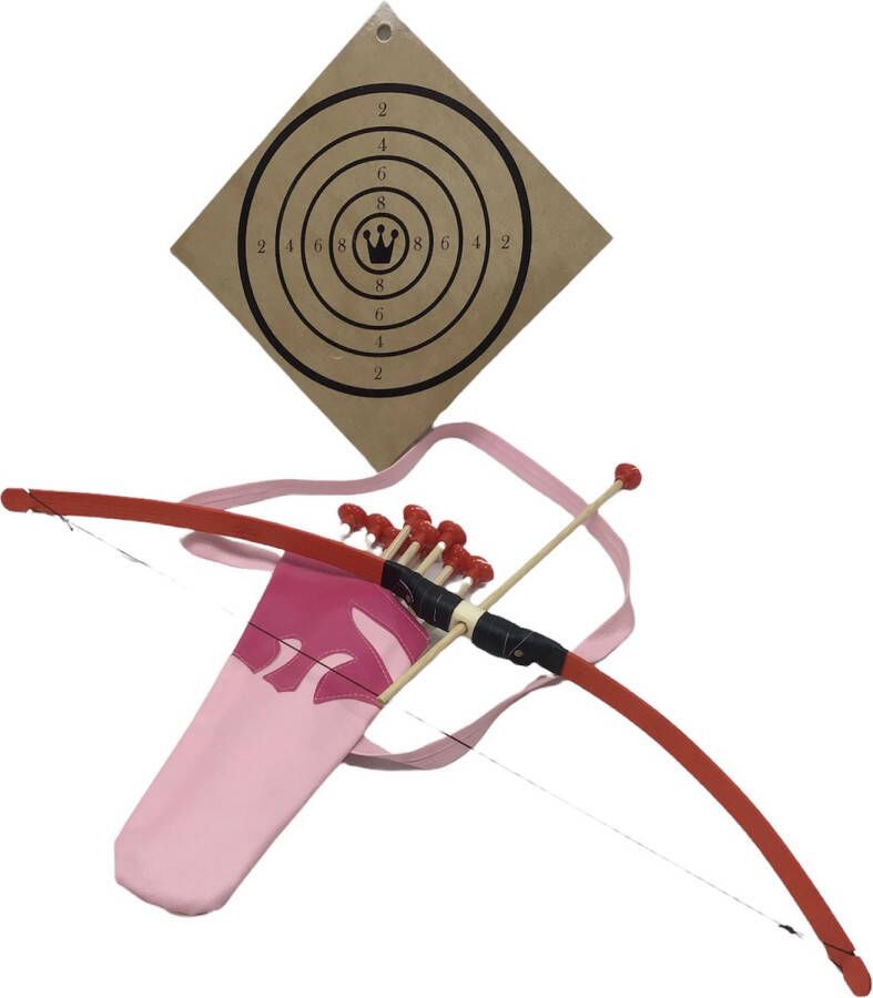 Holzkonig Pijl en boog (Rood) uitrusting met schietschijf en een rug koker (rosé) voor pijlen met 10 pijlen
