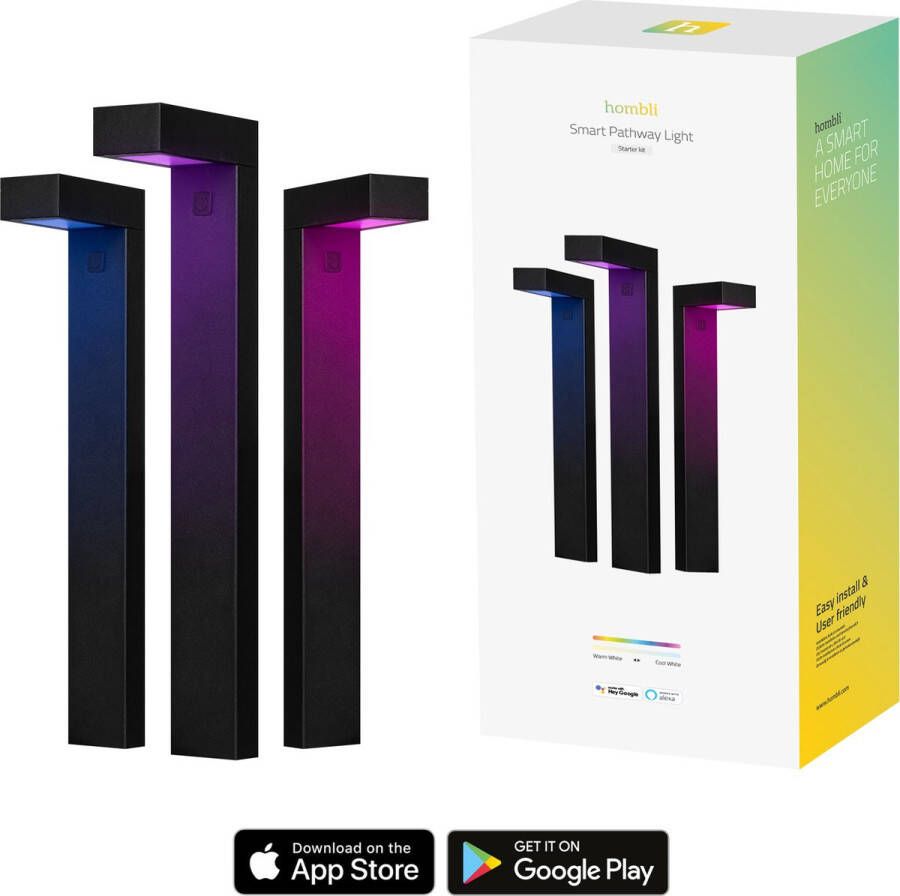 Hombli Slimme Pathway Lamp- Buitenverlichting Starter Kit met 16 miljoen kleuren Zwart Tuinverlichting met Stembesturing Timerfunctie – Waterdicht Zwart
