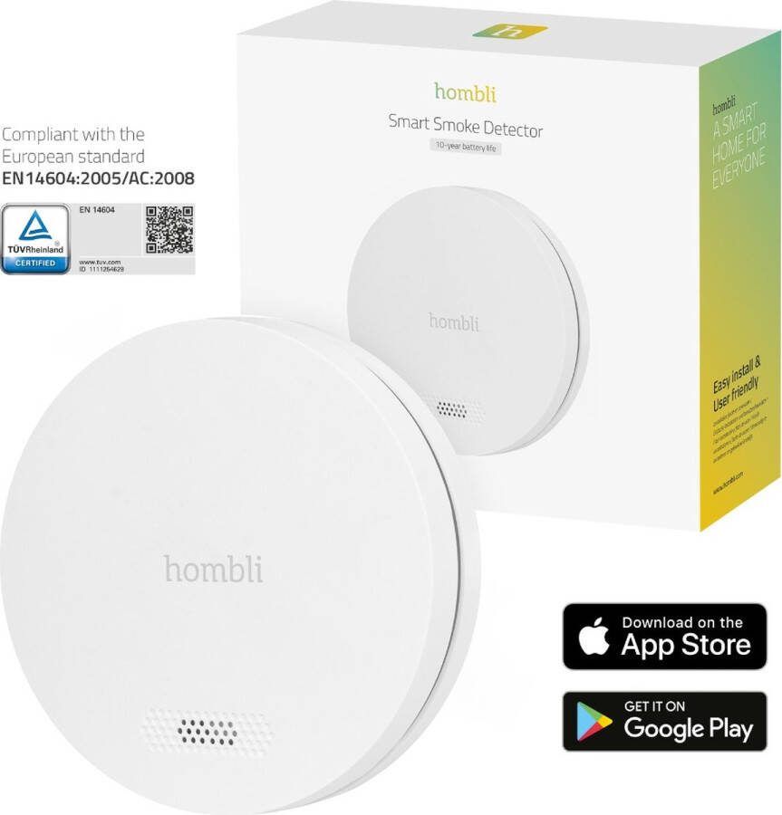 Hombli Slimme Rookmelder met Magneet Brandmelder 10 jaar batterij Luid alarm App & mobiele meldingen Eenvoudige installatie Wit
