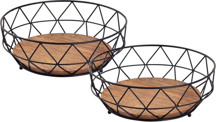 SVJ Home Decorations Svj Schalen Rond 28 X 28 X 10 Cm Metaal hout Zwart Set Van 2