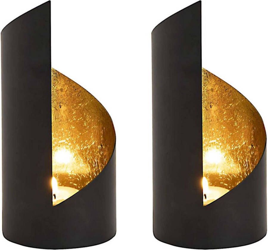 SVJ Home Decorations Svj Windlichten Rond 8 X 8 X 18 Cm Metaal Zwart goud Set Van 2