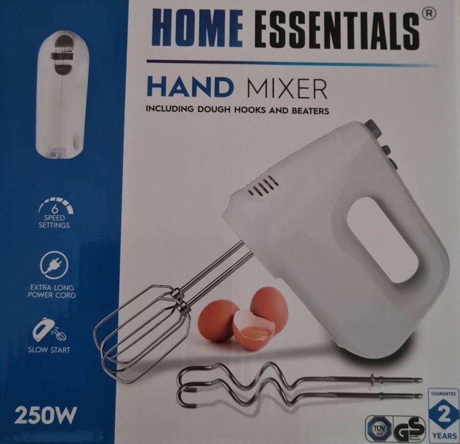 Home Essentials Handmixer 250W Extra lange snoer 6 snelheden Inclusief gardes en deeghaken Wit Trusted Sellers