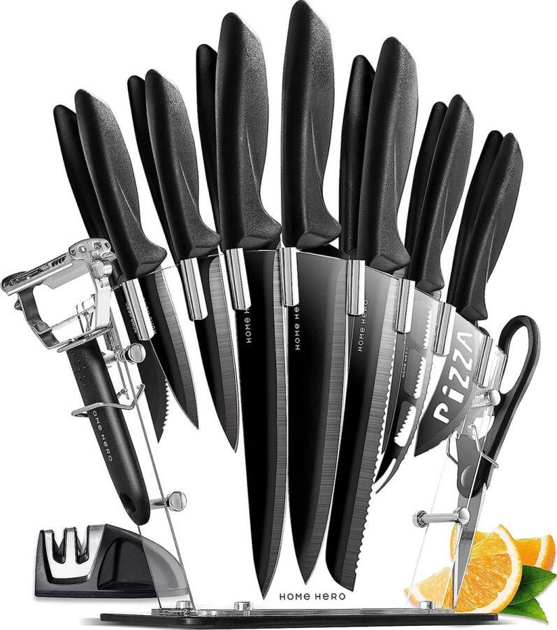 Home Hero 17-delige Keukenmessenset met Messenblok Acryl Professionele Rvs Keuken Messenset met Blok Kokmessen Set 6 Steakmessen Messenslijper Dunschiller Schaar