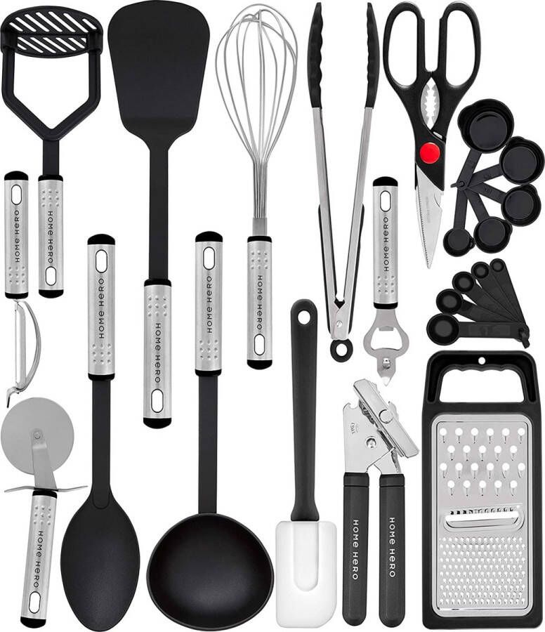 Home Hero 23 Stuks Nylon Keukengerei Set Anti-aanbak Kookgerei Set Roestvrijstalen Handvat Met Hittebestendige Hoofden Keukenhulpen Set Spatel Lepel Klopper Tangen Dunschiller Rasp Schaar Flesopener