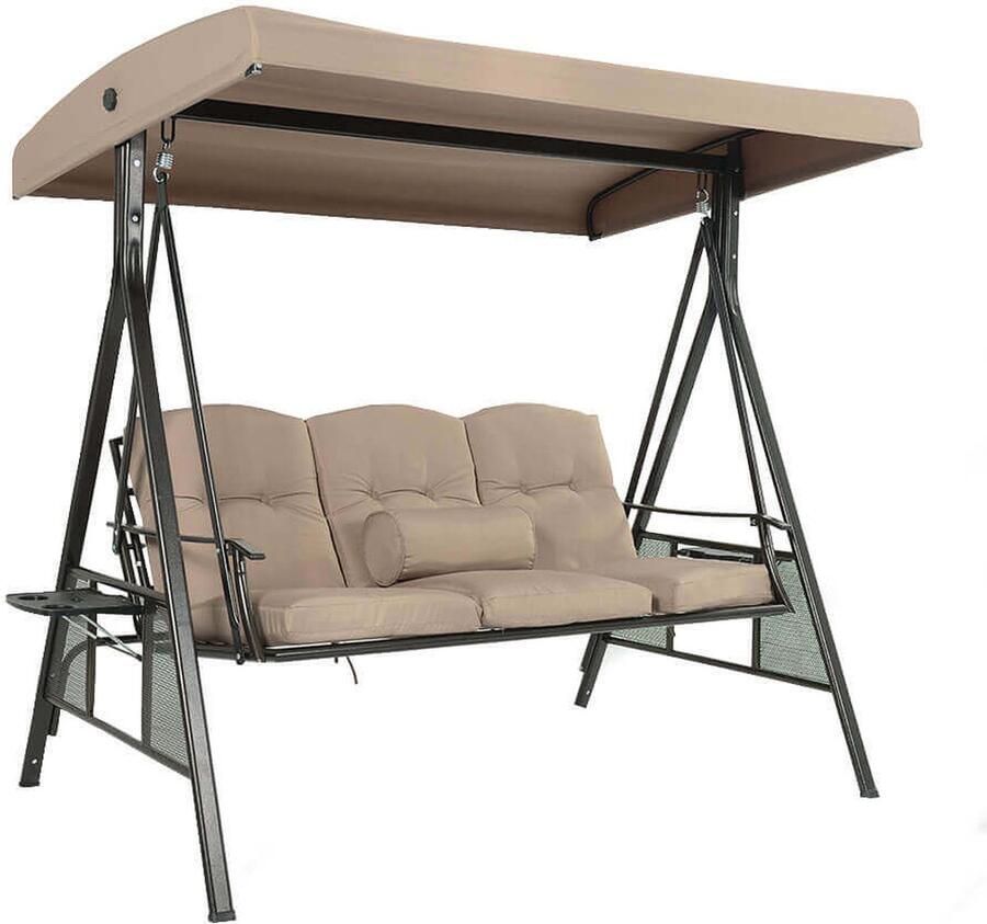 Home Schommelbank 3-zits Hollywoodschommel Inclusief kussens twee planken voor drankjes en hoes Eersteklas zitcomfort 115 x 198 cm Beige