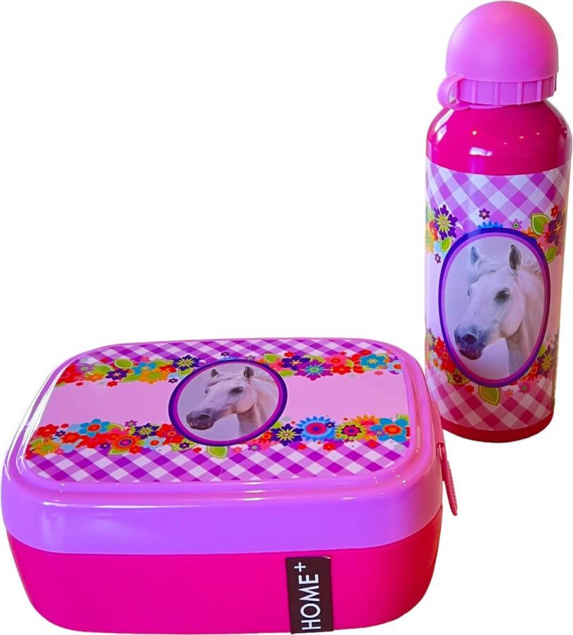 Home+ Paarden lunchbox broodtrommel met drinkfles voor kinderen Roze 16 x 12 x 6 cm