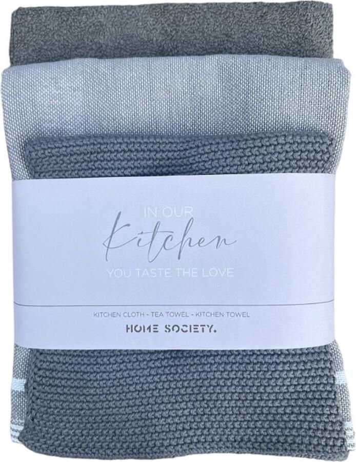 Home Society Theedoek en Keukendoek en Handdoek Set van 3 Grijs