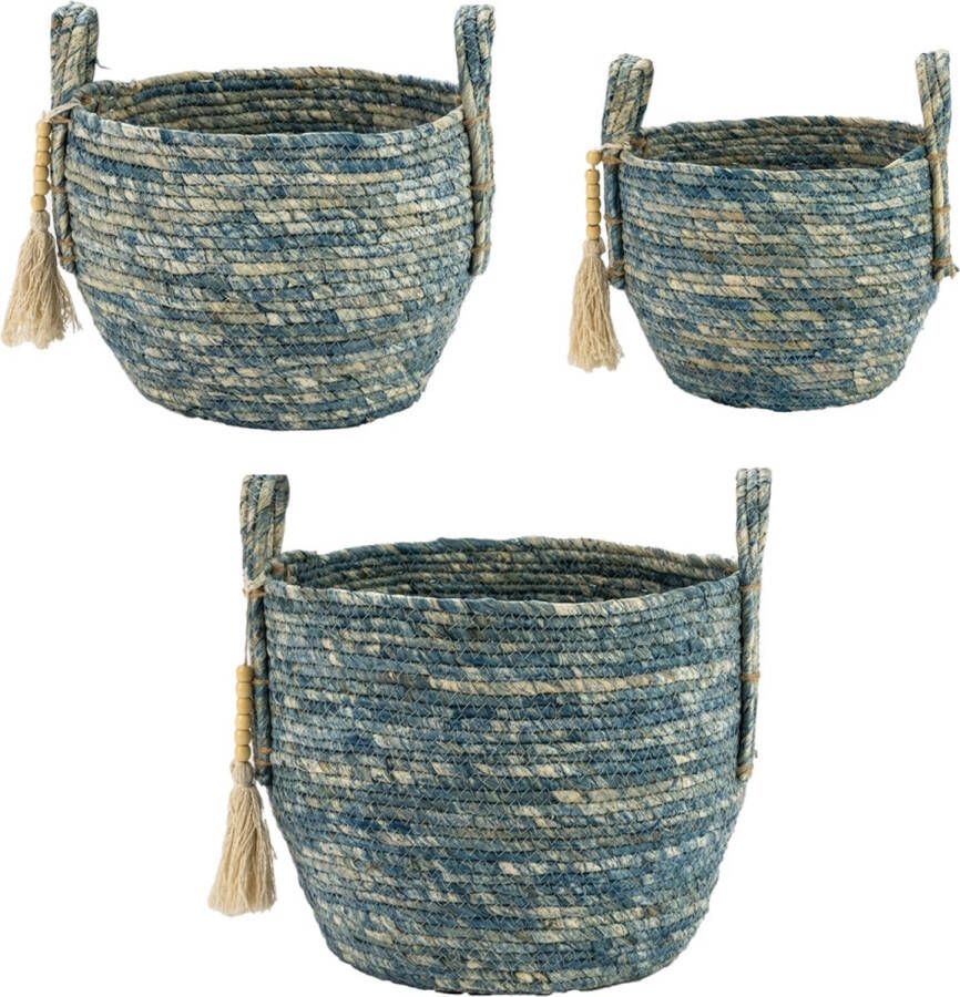 Home Society Set 3 Manden Baskets Opbergers Seagrass Blauw Wit