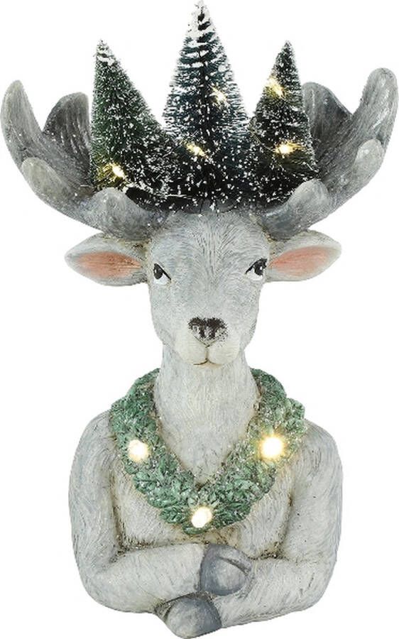 Home Sweet Home Decoratiebeeld rendier met led verlichting kerstbomen grijs groen 19 cm Polyresin 798617 Countryfield