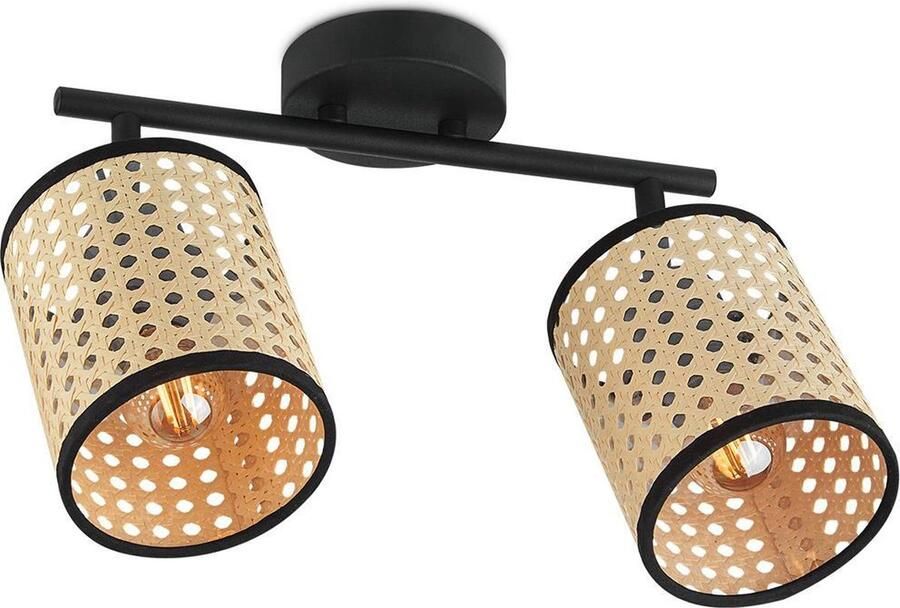 Home Sweet Home Landelijke LED Opbouwspot Rotan Zwart 30 10 22cm 2 lichts plafondspot Dimbaar inclusief LED lichtbron E14 fitting 4W 400lm 2700K warm wit licht gemaakt van rotan en metaal