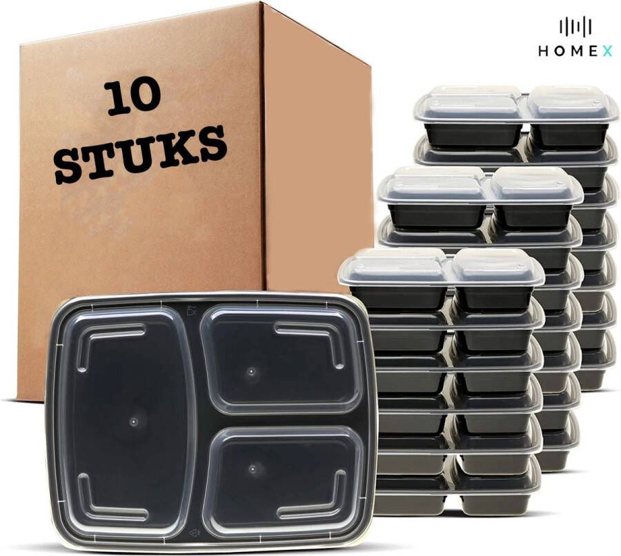 Home X Meal prep bakjes 10 Stuks 3 compartimenten Vershouddoos Vershoudbakjes mealprep Lunchbox Plastic bakjes met deksel 1L Magnetron bakjes met deksel