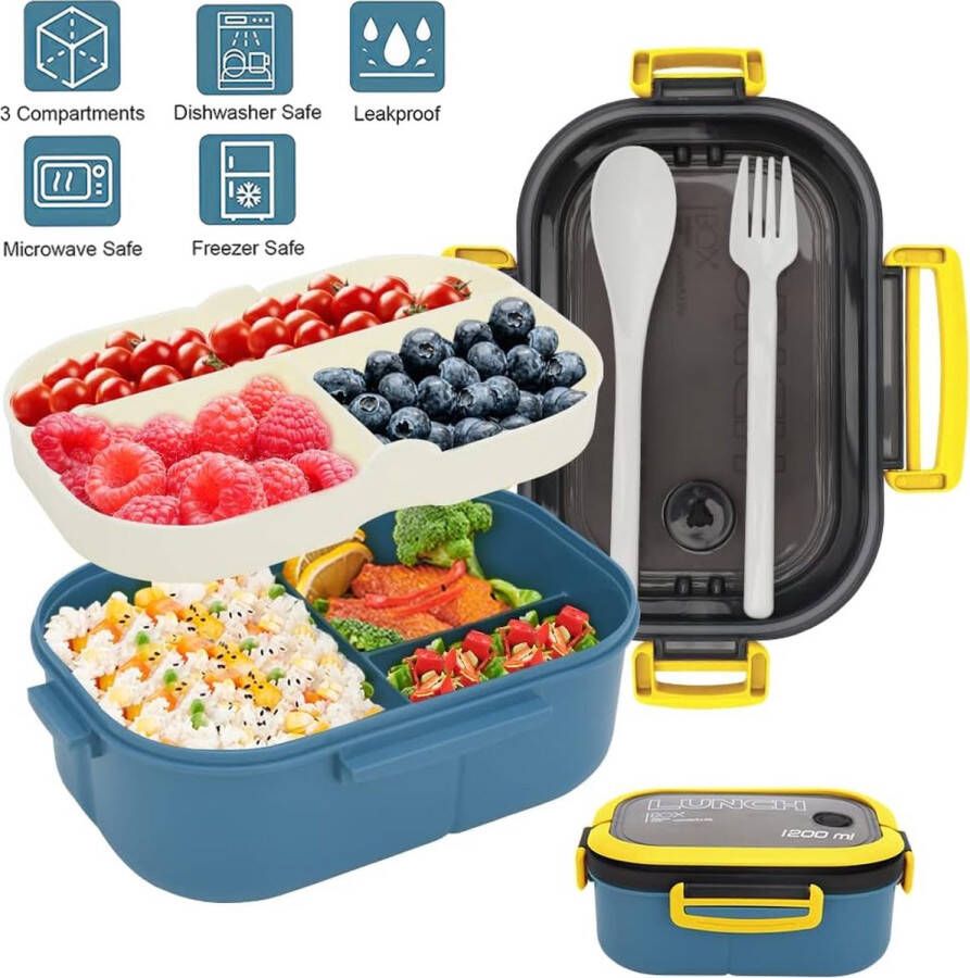 HomeBerg Lunchbox 1200 ml 6 Vakken 2-laags verdeeld Lekvrij Broodtrommel Meal prep Proteïne Box Bewaarbak Volwassenen kinderen Kantoor School Blauw Geel