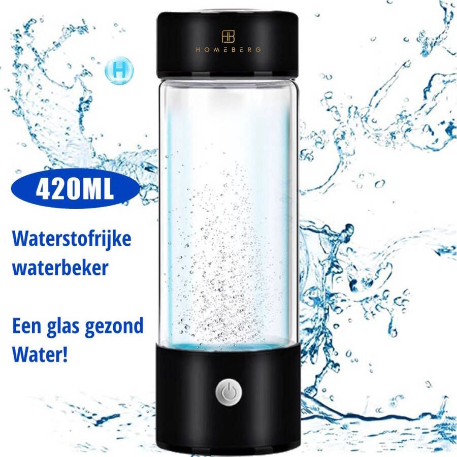 HomeBerg Waterstofgenerator Gezond Water Antioxidanten H2 Water Hydrogen Waterstofwater Waterfles – Waterfilterfles Waterstof produceren 420ML Zwart