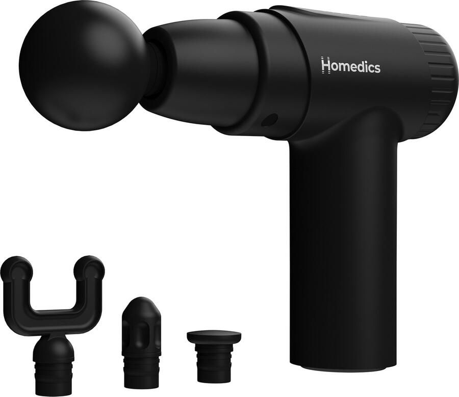 HoMedics NOVO mini Massage Gun zeer Krachtig 3 uur oplaadbare batterij 4 opzetstukken lichtgewicht en ultra stil Zwart