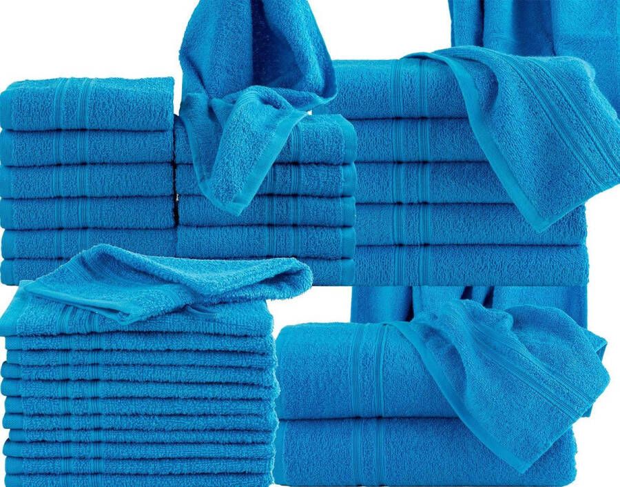 Homéé voordeelpak 33 delige handdoeken set 3 badlakens 6 handdoeken 12 gastendoekjes 12 washandjes turkoois 100% katoen 400g. m²
