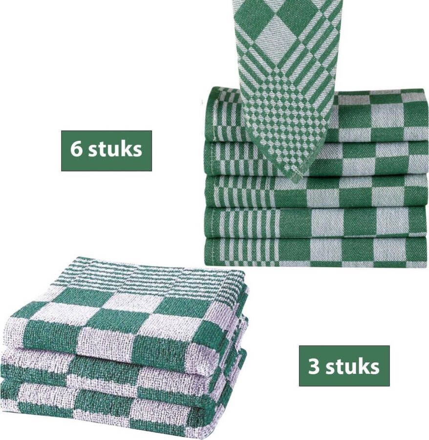 Homéé‎‎ Homéé Keukendoeken 9-delige sets groen wit 6 x theedoeken 65x65cm + 3 keukenhanddoeken 5x50cm