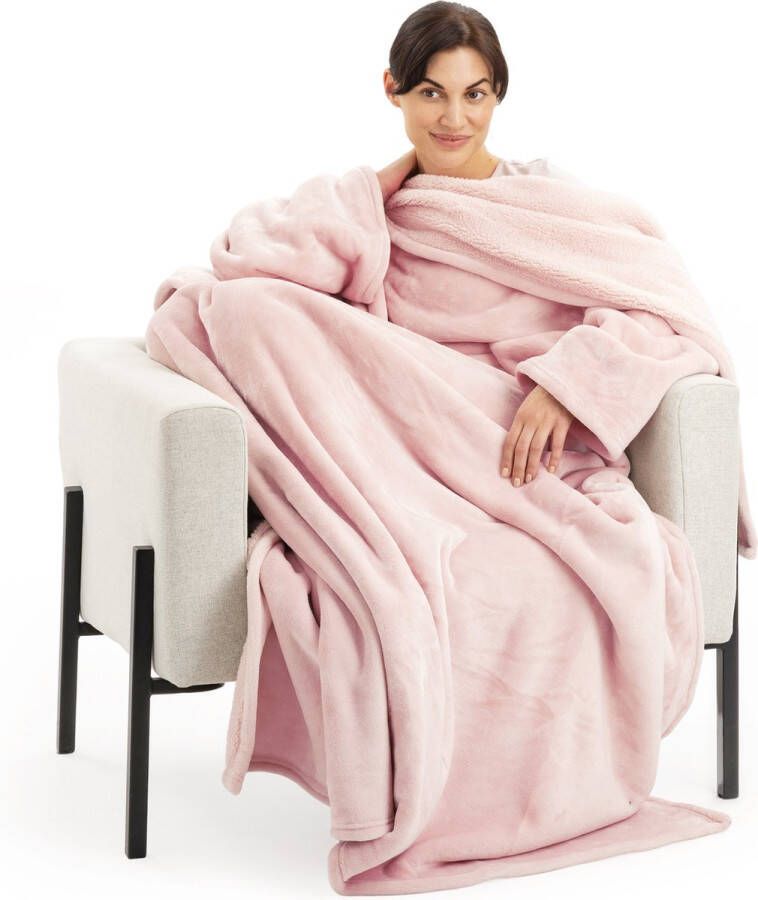 HOMELEVEL Navaris XL deken met mouwen Wasbare knuffeldeken voor volwassenen 200x150cm Met mouwen en sjaalkraag Crème
