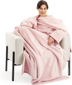 HOMELEVEL Navaris XL deken met mouwen Wasbare knuffeldeken voor volwassenen 200x150cm Met mouwen en sjaalkraag Lichtroze
