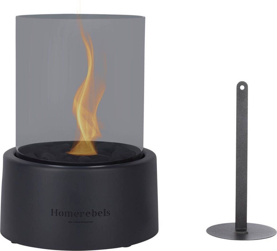 Homerebels Bio-ethanol tafelhaard Zwart Gerookt glas Tafelbrander voor binnen en buiten incl. decoratiestenen Ø 20 x H 30 cm